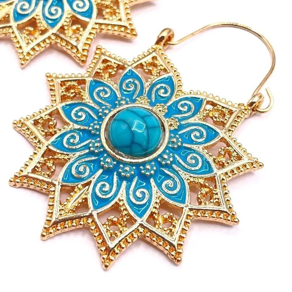 Yellow Gold with Turquoise and Blue Oil Drip Flower Drop Hinge Hook Earrings